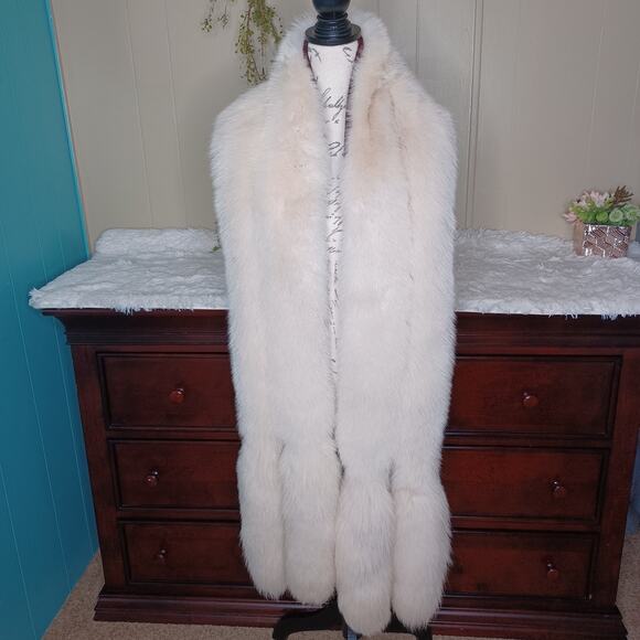 Real Luxurious Natural Beige Fox Warmth Fur Double Sided Boa Stole Scarf Tails - Picture 13 of 13